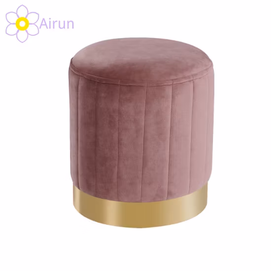 Velvet Round Seated House Ottoman with Gold Stainless Steel Base Stool